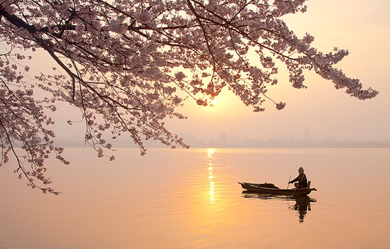 夕阳下的西湖美景