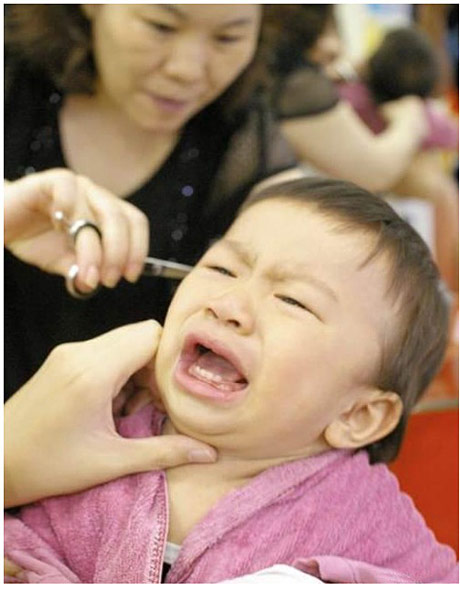 儿童理发趣图，哭啼不至